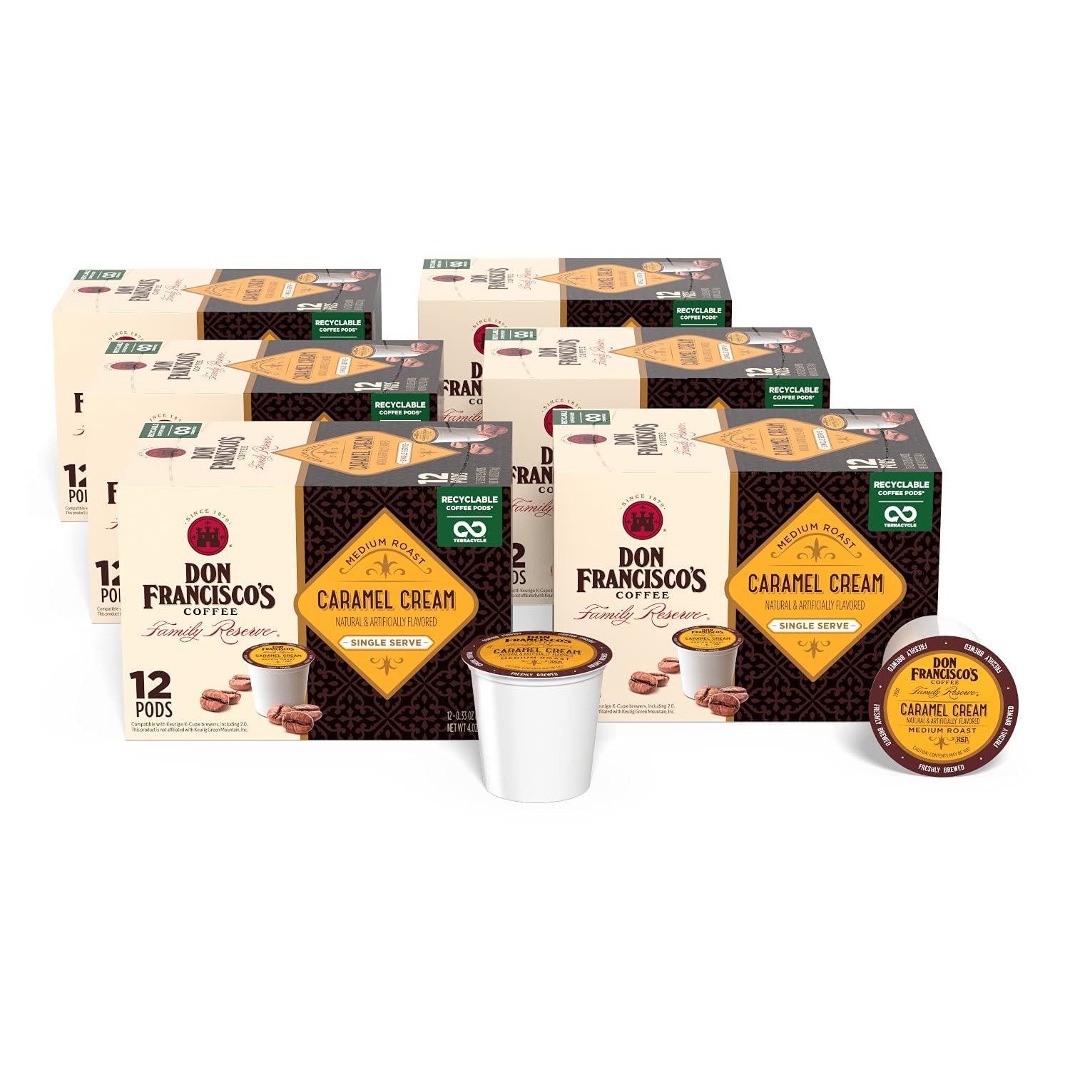 Don Francisco's Caramel Cream Flavored Medium Roast Coffee Pods - 72 Count - Recyclable Single-Serve Coffee Pods, Compatible with your K- Cup Keurig Coffee Maker