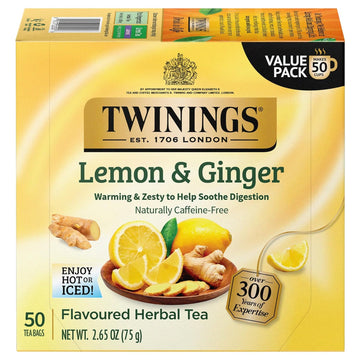 Twinings Lemon & Ginger Herbal Tea, 50 Count Pack Of 1, Individually Wrapped Bags, Tangy Lemon & Spicy Ginger, Decaffeinated