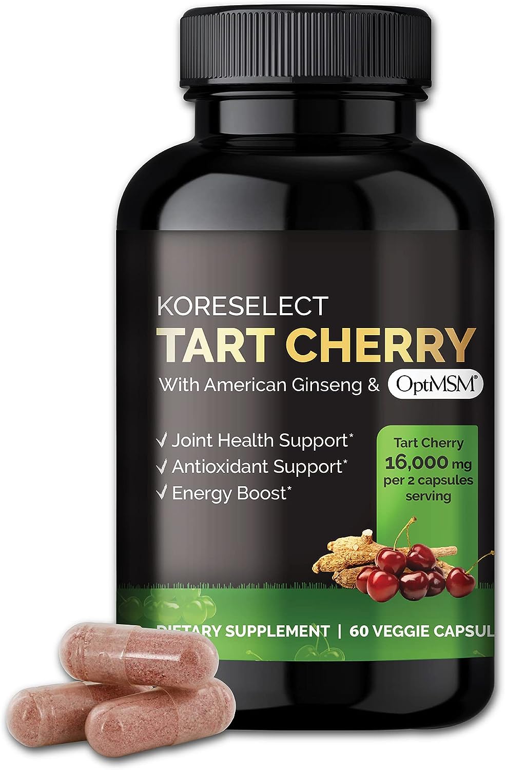 Tart Cherry Extract Capsules 16,000mg, MSM Joint Support Supplement for Men & Women with American Ginseng, Antioxidant Strength Joints Mobility & Comfort Strength - 60 Vegan Capsules