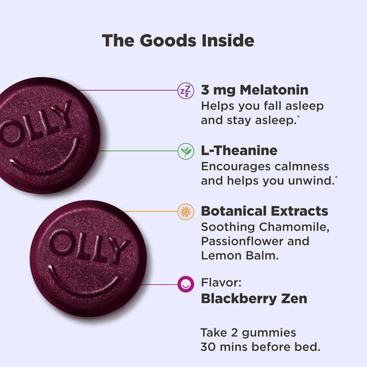 OLLY Sleep Gummy, Occasional Sleep Support, 3 mg Melatonin, L-Theanine, Chamomile, Lemon Balm, Sleep Aid, Blackberry - 70 Count