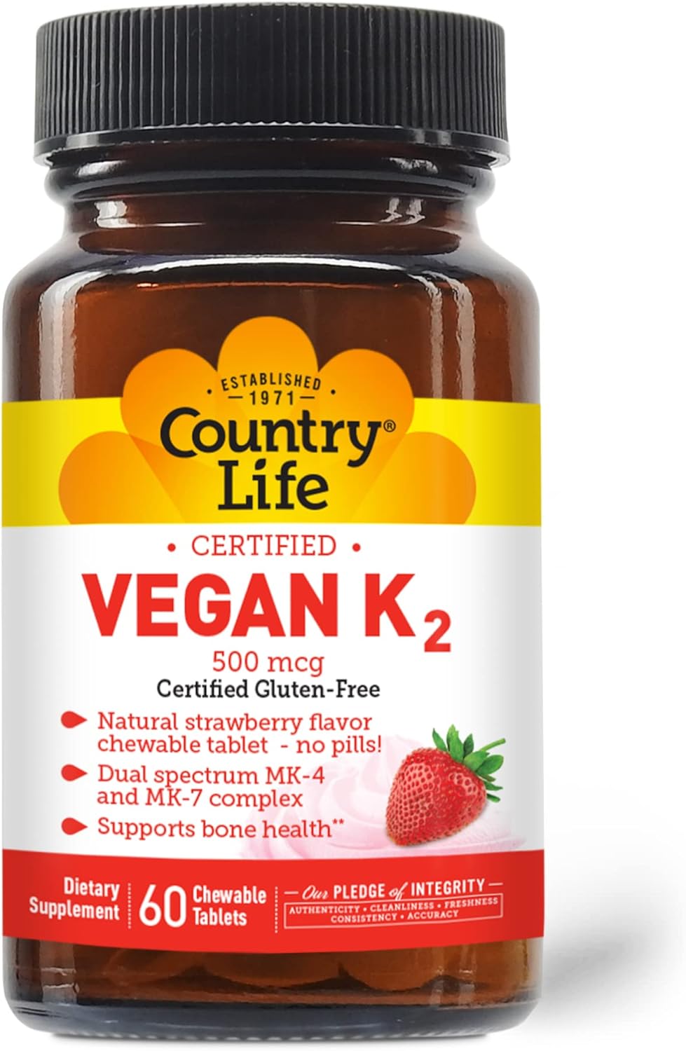 Country Life Certified Chewable Vegan K2, Supports Bone Health, 500Mcg, 60 Chewable Tablets, Certified Gluten Free, Certified Vegan