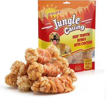 Jungle Calling Beef Tendons for Dogs, Chicken Wrapped Tendons Dog Chews Long Lasting Hip and Joint Supplement for Dogs with Glucosamine (Knotted Bone)