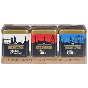 Twinings London Skyline Red, White, And Blue Commemorative Collection Of Loose Leaf Teas, Limited Edition Gift Set, 100G Tins (Pack Of 3), Includes Original English Breakfast, The Earl Grey, & Lady Grey Tins