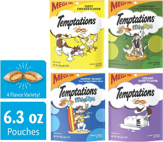 Temptations Classics And Mixups Crunchy And Soft Cat Treats Variety Mega Pack, (4) 6.3 Oz. Pouches