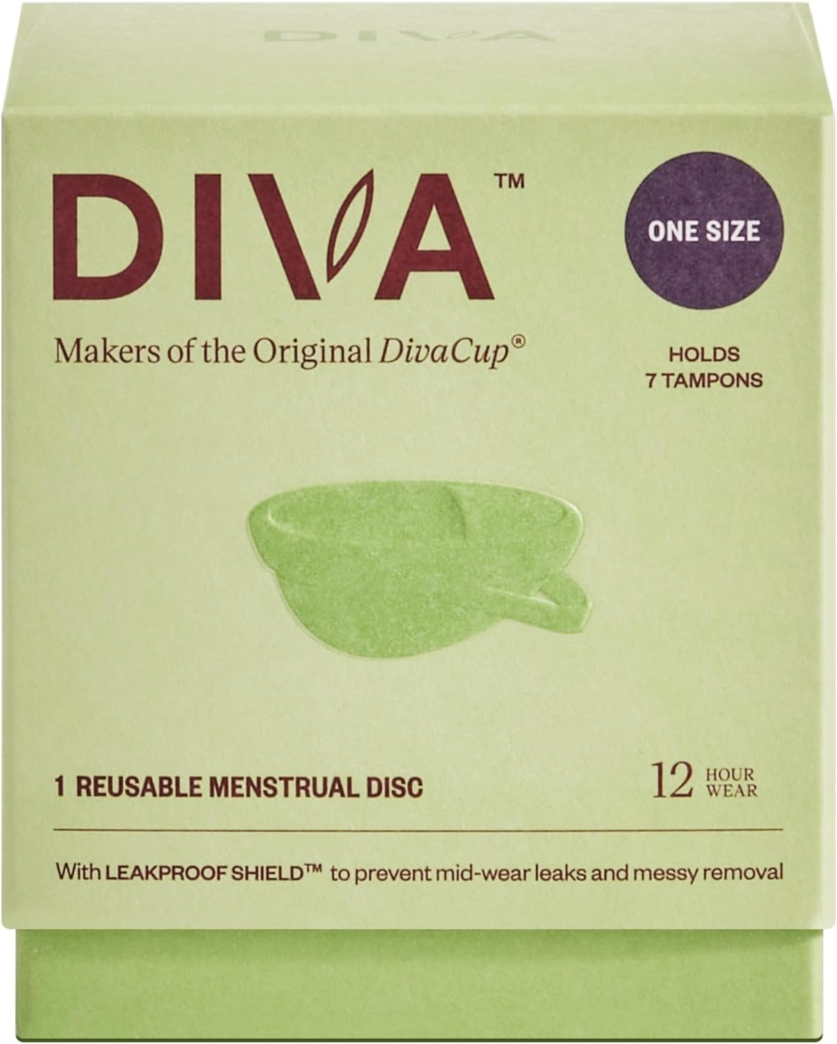 Diva Disc - Comfortable, Reusable Menstrual Disc With Leakproof Shield - For Up To 12 Hours Of Continuous Wear - 100% Medical Grade Silicone - Holds 7 Tampons Of Flow - One Size Fits Most