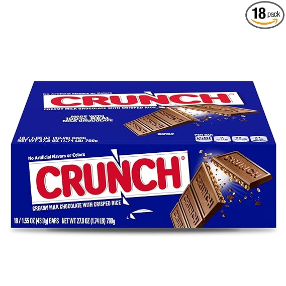 Crunch, Bulk 18 Pack, Milk Chocolate And Crisped Rice, Full Size Individually Wrapped Candy Bars, 1.55 Oz Each