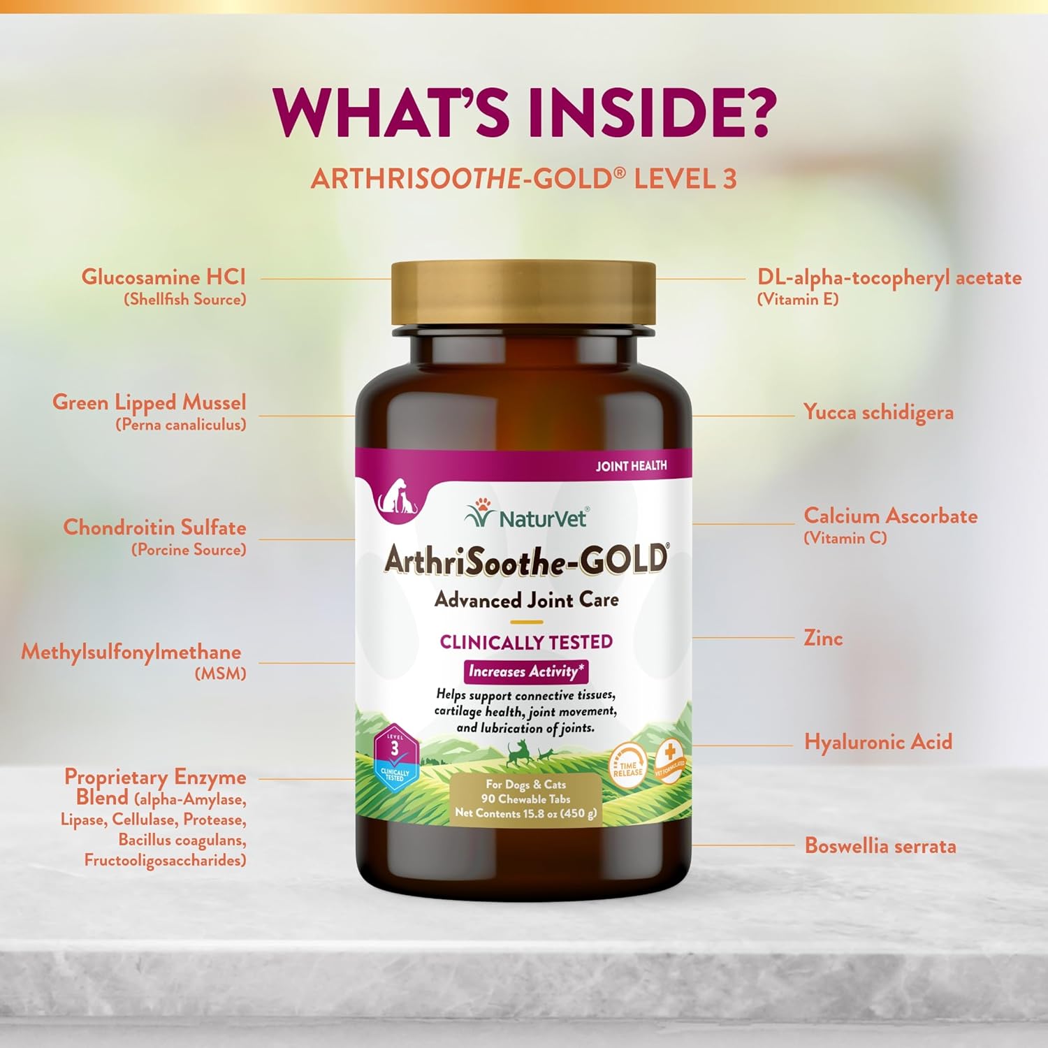 NaturVet – ArthriSoothe-GOLD – Level 3 Advanced Joint Care | Clinically Tested to Support Connective Tissue, Cartilage Health & Joint Movement | Enhanced with Glucosamine, MSM, Chondroitin & Green Lipped Mussel | For Dogs & Cats | 90 Chewable Tablets : Pet Bone And Joint Supplements : Pet Supplies
