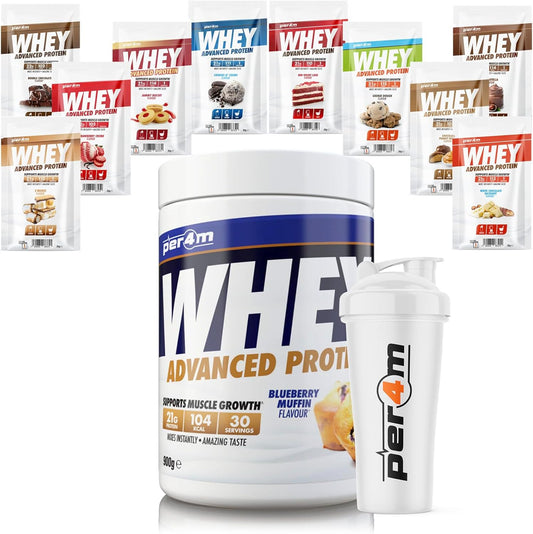Per4M Advanced Whey Protein Powder | 30 Serving Low Sugar Protein Shake With Amino Acids | Perfect For Your Gym Bag And Travel | Shaker & 5 Mixed Selection Sachets (900G, Blueberry Muffin)