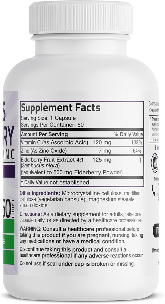 Bronson Sambucus Elderberry With Zinc & Vitamin C Triple Immune Support Complex Immune & Antioxidant Protection, Non-Gmo, 60 Vegetarian Capsules