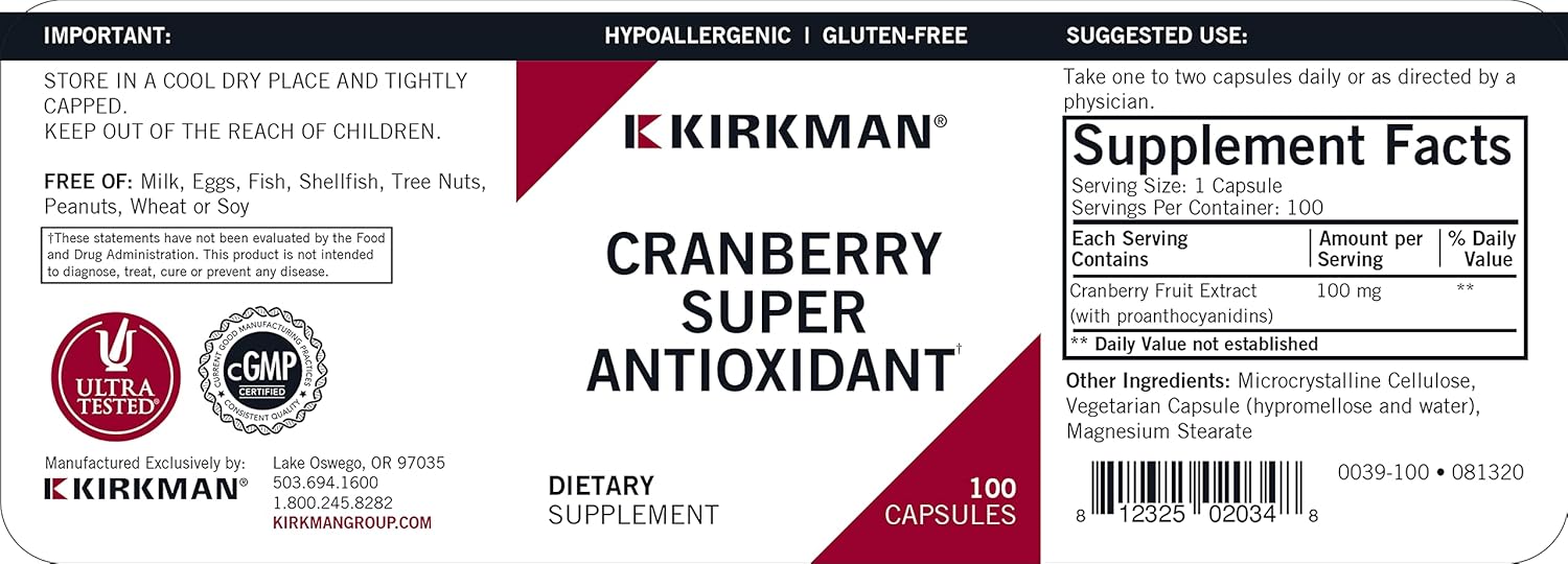 Cranberry Super Antioxidant, 100 Capsules, Kirkman Labs : Health & Household