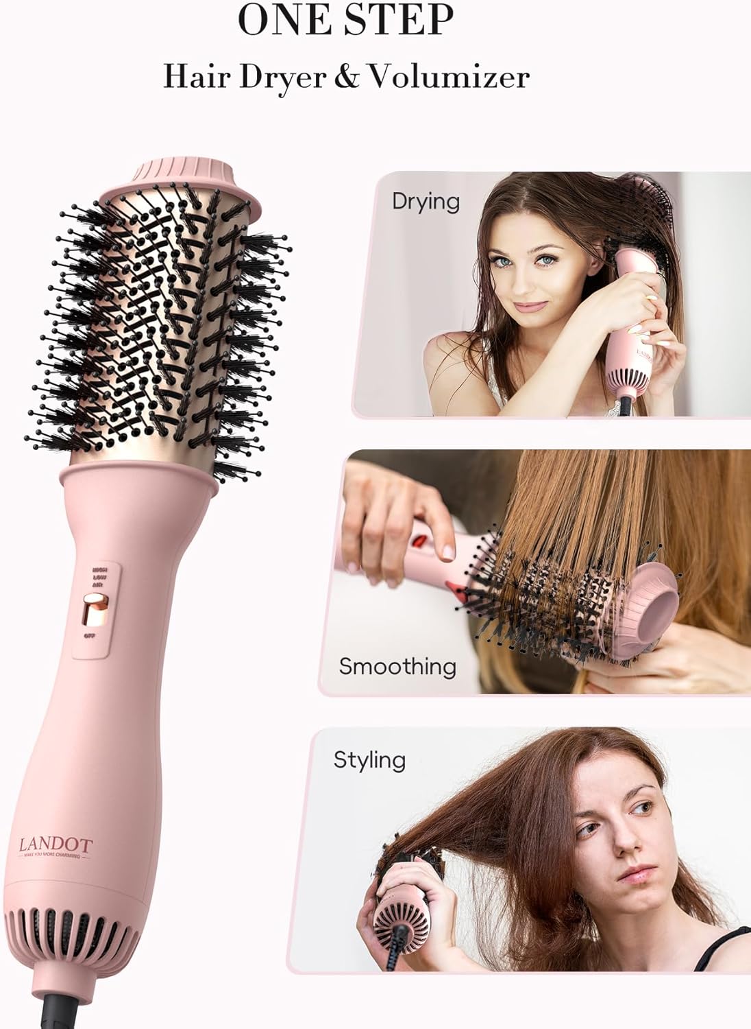 Landot Hair Blow Dryer Brush: One-Step Hot Air Brush With 60Mm Oval Barrel - 4 In 1 Hairdryer Styler And Volumizer For Drying Straightening Curling Volumizing Hair Fight Frizz And Add Volume : Beauty & Personal Care