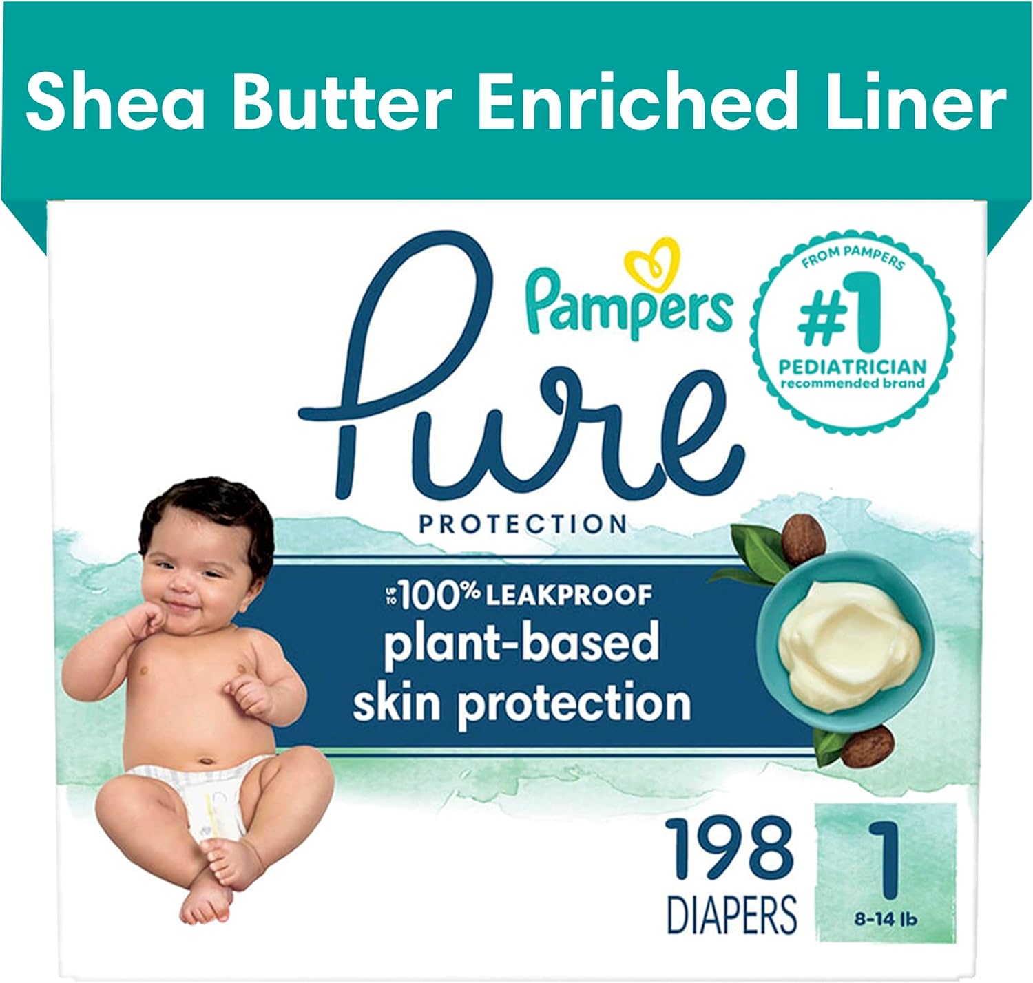 Pampers Pure Protection Diapers - Size 1, One Month Supply (198 Count), Hypoallergenic Premium Disposable Baby Diapers