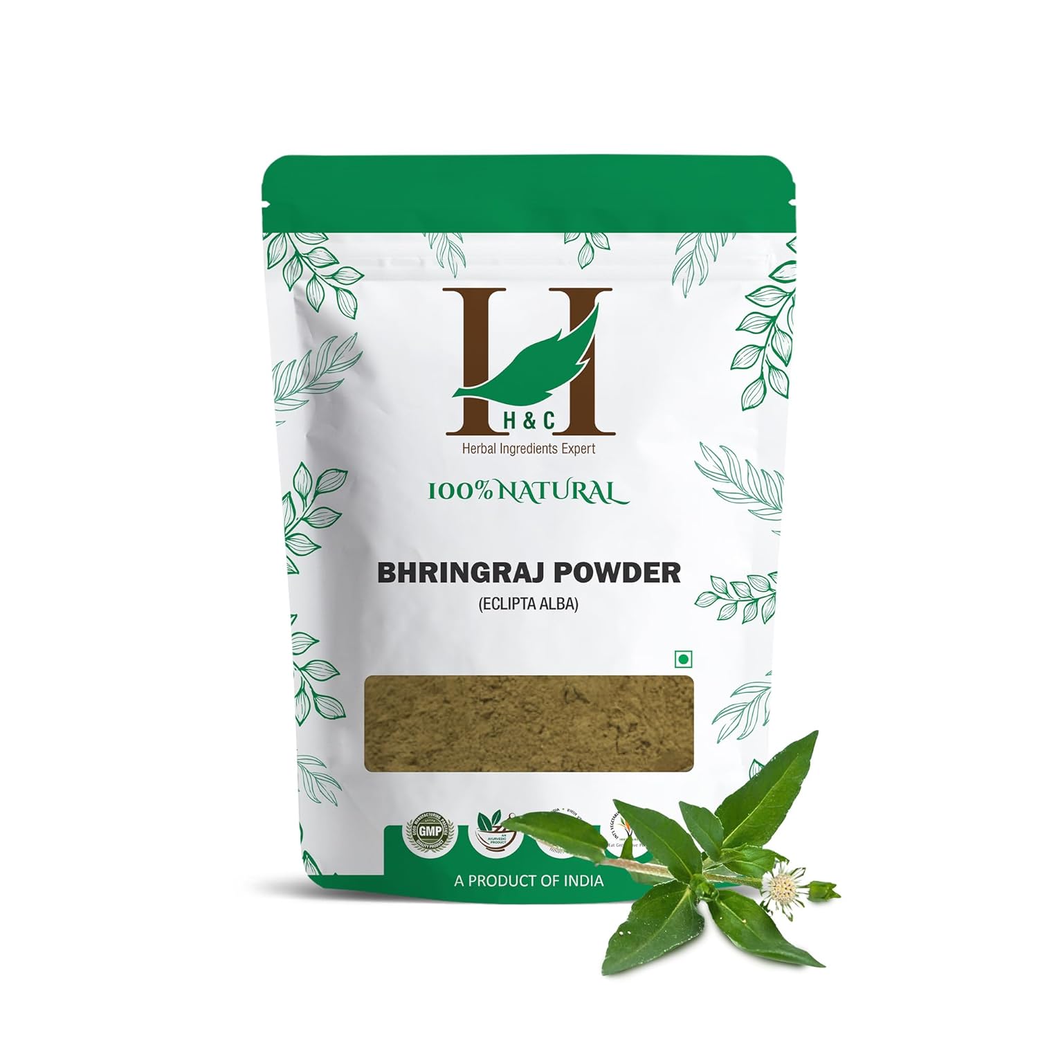 H&C- 100% Natural Bhringraj Powder For Hair (227G / 0.5 Lb/ 08 Oz) - Hair Growth Rejuvenator From Indian Ayurveda