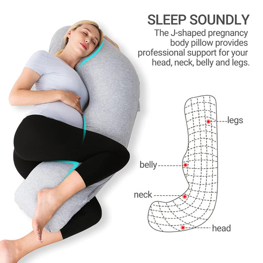 Momcozy J Shaped Pregnancy Pillows With Replacement Cover, Maternity Body Pillow For Pregnancy, Soft Pregnancy Pillow For Head Neck Belly Support, Grey