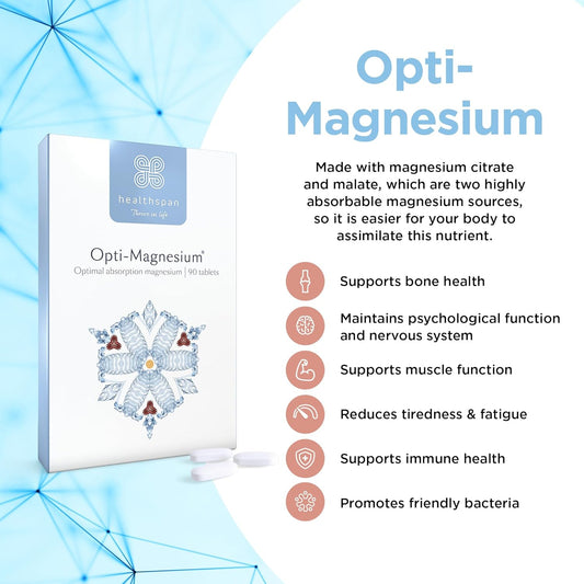 Healthspan Opti-Magnesium | 90 Tablets | For Bone & Muscle Support | Maintains Psychological Function And Nervous System | Easily Absorbed | Added Vitamin D3 | Inulin | Vegetarian