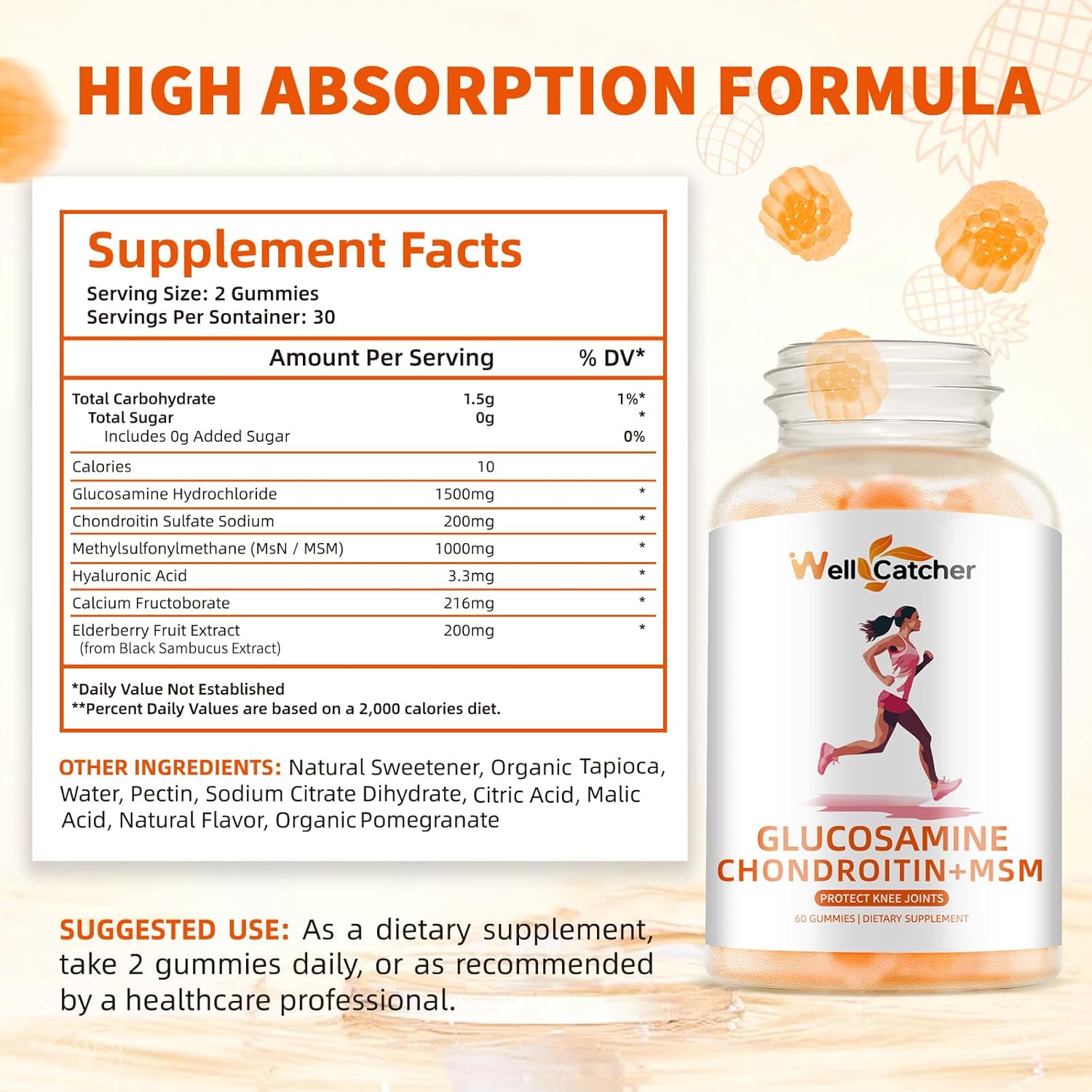 Glucosamine Chondroitin Gummies With Msm For Men Women - Sugar Free Extra Strength Joint Support Glucosamine Gummies Supplement For Adults Flexibility Back Knees Hands Pineapple Flavor (2 Packs)