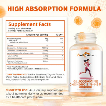Glucosamine Chondroitin Gummies With Msm For Men Women - Sugar Free Extra Strength Joint Support Glucosamine Gummies Supplement For Adults Flexibility Back Knees Hands Pineapple Flavor (2 Packs)
