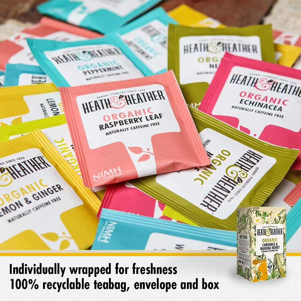 Heath & Heather Organic Camomile and Manuka Honey Teabags (6 Packs of 20, Total 120) Individually Wrapped Caffeine-Free Herbal Tea Infusions : Amazon.co.uk: Grocery