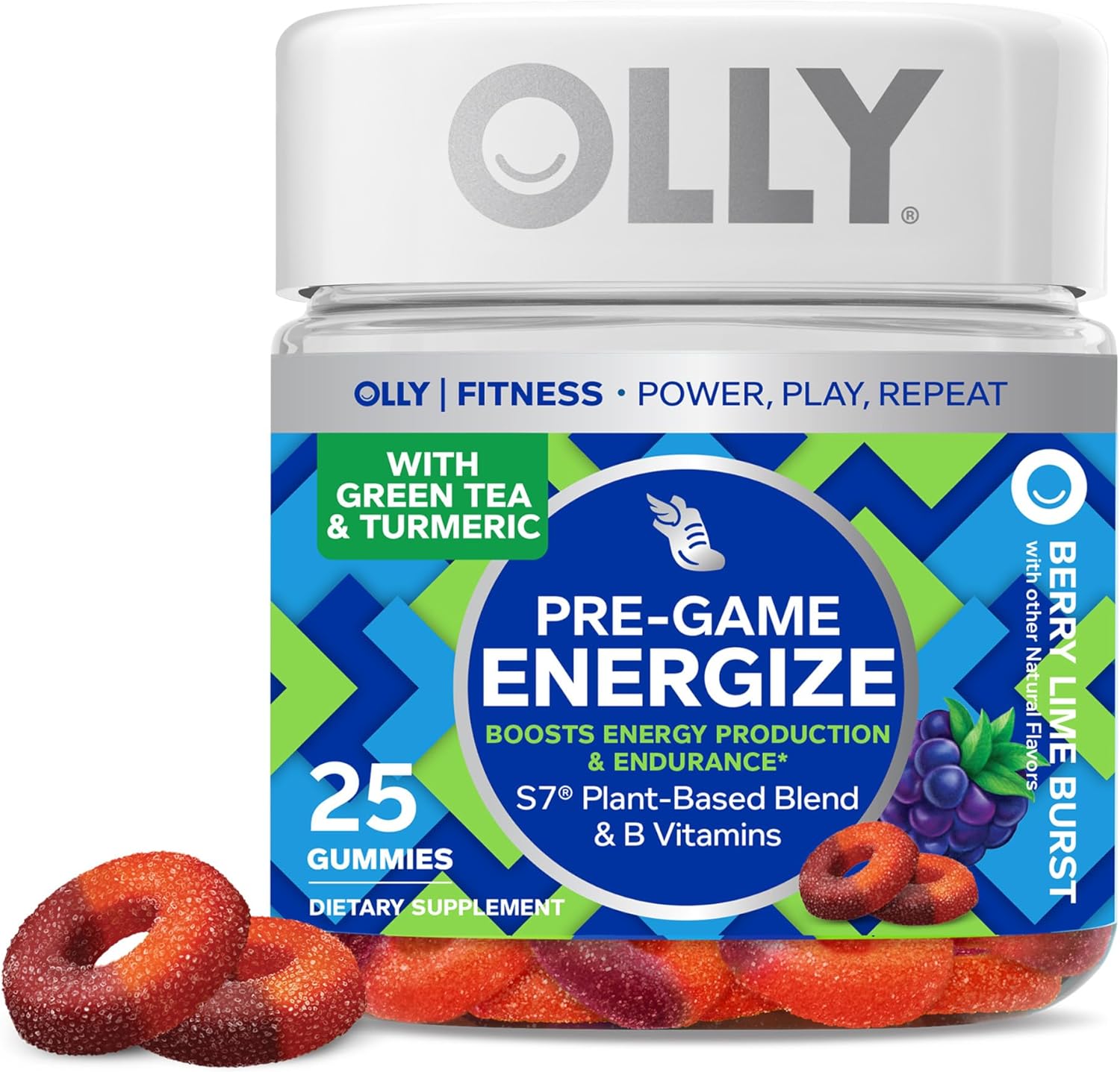 Olly Pre-Game Energize Workout Gummy Rings, S7 Plant-Based Blend, B Vitamins, Berry Lime Flavor - 25 Count