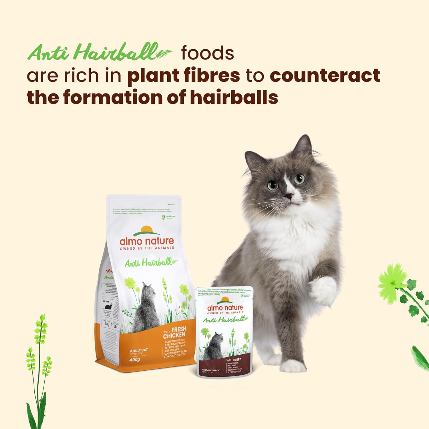 Almo Nature Functional Anti Hairball Multipack Complete Wet Cat Food -3 pouches with Beef/3 pouches with Chicken, (pack of 6 pouches x70g) :Pet Supplies