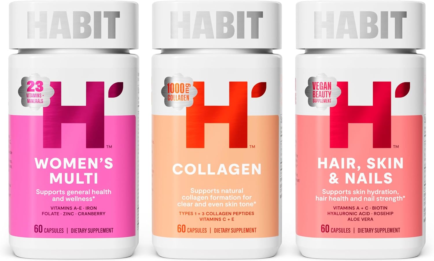 Habit Beauty-Full Bundle - Women'S Multi + Collagen + Hair Skin & Nails Supplements. Supports General Health & Wellness, Skin Hydration & Vitality, Hair & Nail Strength, Non Gmo