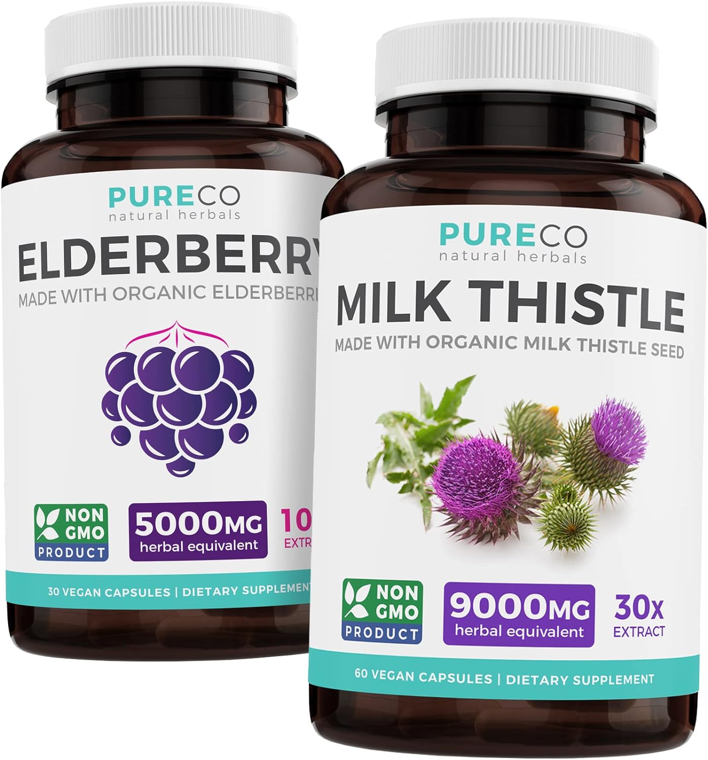 Save $4 (12% Off) - Liver & Immune Support Bundle - Organic Milk Thistle Capsules - 80% Silymarin - 9,000Mg Of Milk Thistle Seed Extract And Organic Elderberry Capsules 10:1 Extract For Immune Support