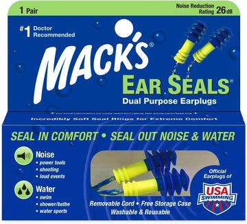Mack?s Ear Seals Earplugs, 1 Pair with Detachable Cord - 26db High NRR - Dual Purpose Comfortable Ear Plugs for Noise Reduction and Blocking Water