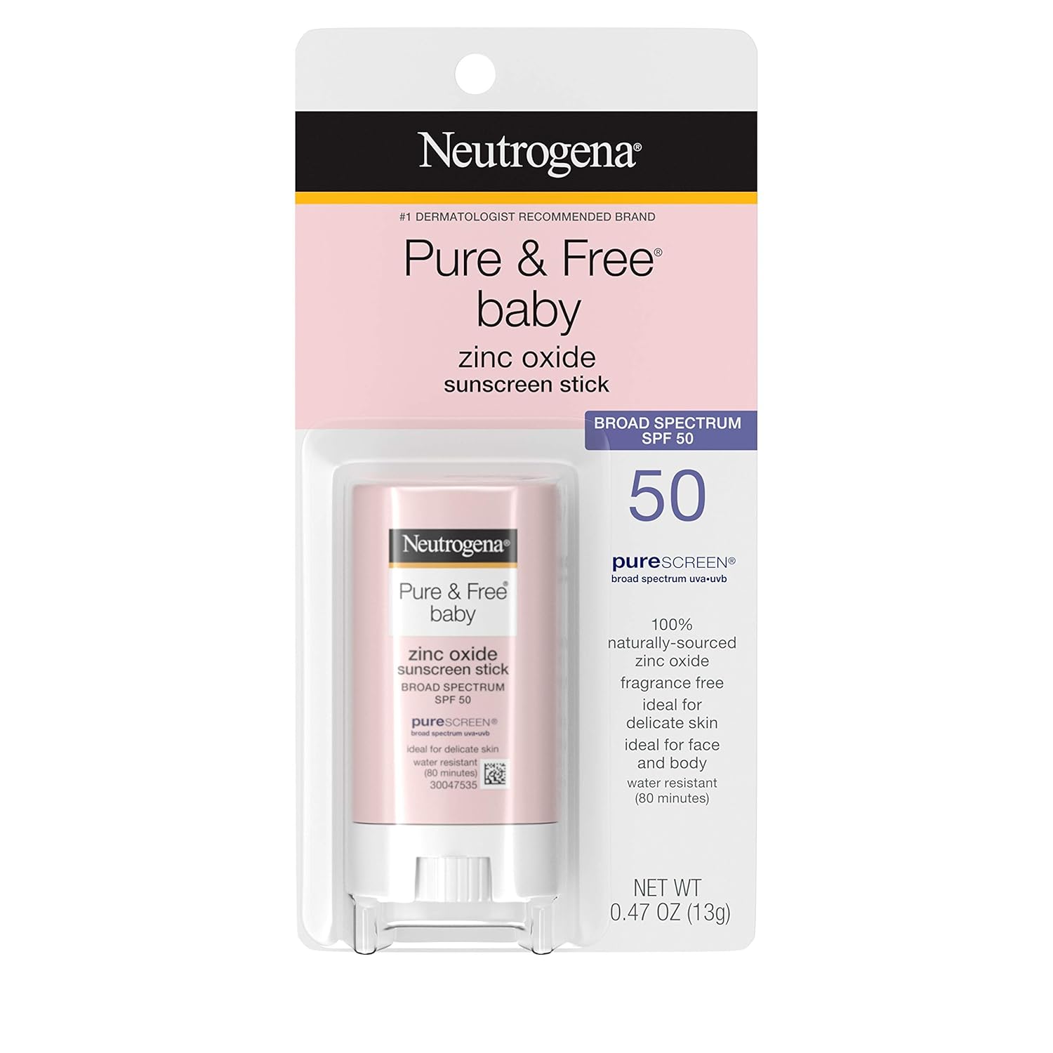 Neutrogena Pure & Free Baby Mineral Sunscreen Stick With Broad Spectrum Spf 50 & Zinc Oxide, Water-Resistant, Hypoallergenic, Paraben-, Dye- & Paba-Free Baby Face & Body Sunscreen, 0.47 Oz (Pack Of 2)