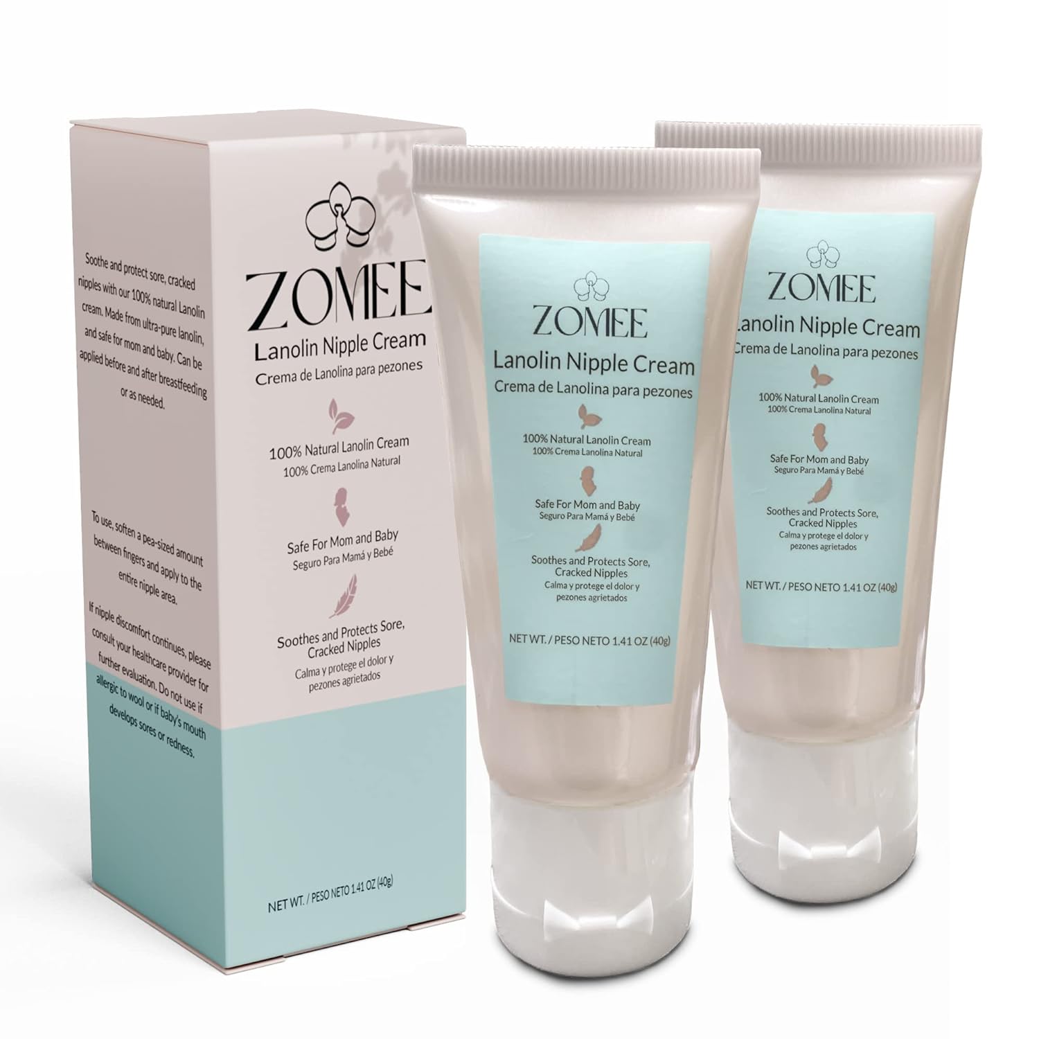 Zomee 2 PACK Lanolin Nipple Cream for Breastfeeding, 100% Natural Ingredient, 1.41 Ounces, Safe for Mom and Babies, Soothes & Protects Sore, Cracked Nipples - Discomfort Relief from Nursing