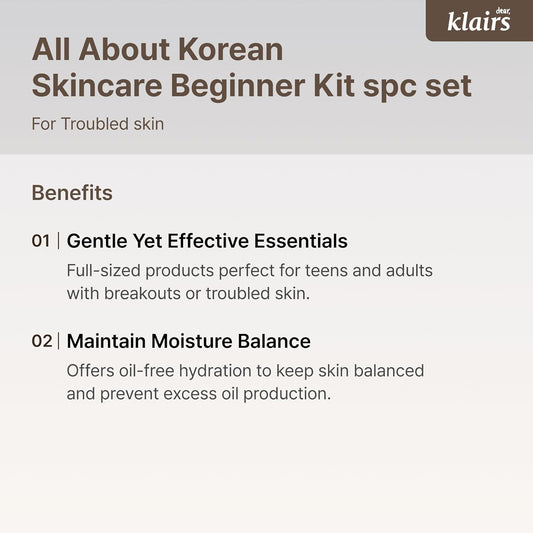 Dearklairs Klairs Korean Skincare Beginner Kit, 4Pc Set, Cleanser To Cream