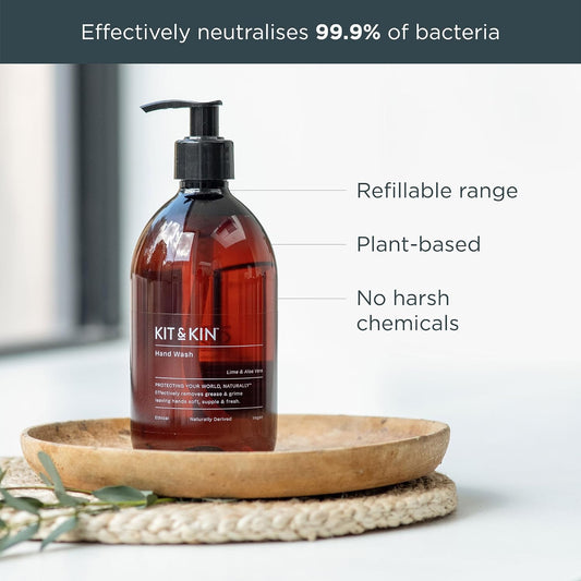 Kit & Kin Eco Hand Wash 3 Bottles + 3 Refills | Lime & Aloe Vera Hand Soap | Plant-Based & Vegan | 100% Naturally Derived | No Harsh Chemicals | Kills 99.9% Of Harmful Bacteria | Made In Uk