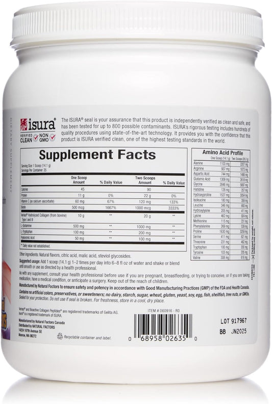 Natural Factors, Total Body Collagen, Bioactive Peptides Powder For Healthy Skin, Hair & Joints, Pomegranate, 1.1 Lbs