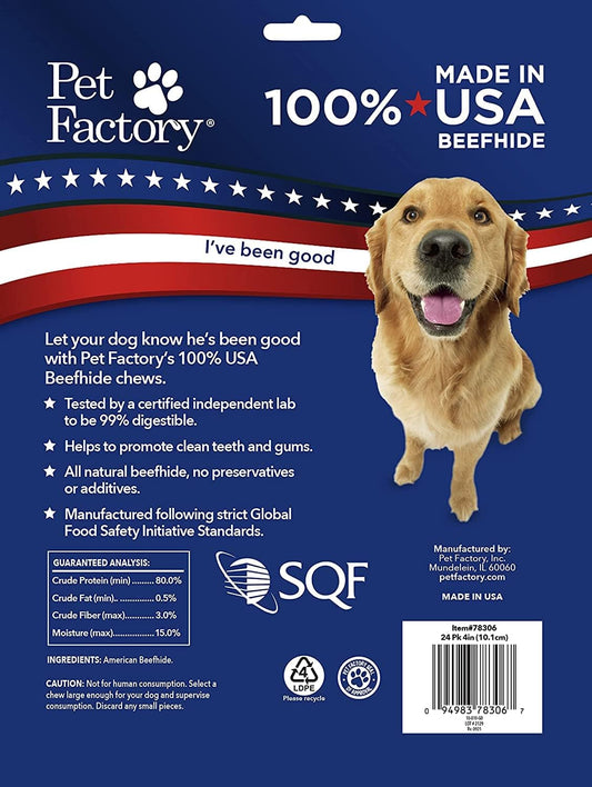 Pet Factory 100% Made In Usa Beefhide 4" Knotted Bones Dog Chew Treats - Natural Flavor, 24 Count/1 Pack