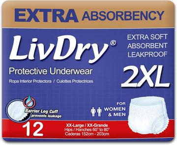 LivDry Adult XXL Incontinence Underwear, Extra Absorbency Adult Diapers, Leak Protection, XX-Large, 12-Pack