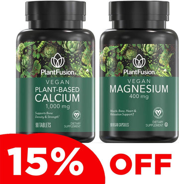 PlantFusion Vegan Calcium & Magnesium Bundle - Premium Plant Based Calcium 1000mg and Magnesium 400mg Supplements for Relaxation Support & Bone Growth, Density, and Strength