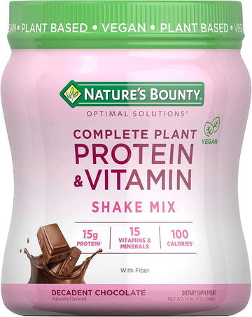 Nature'S Bounty Optimal Solutions Complete Plant Protein & Vitamin Shake Mix With Fiber, Plant Based, Decadent Chocolate