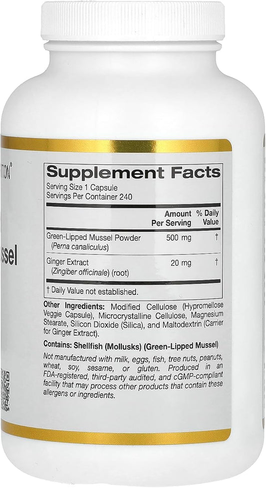 California Gold Nutrition New Zealand Green-Lipped Mussel Plus Ginger, 500 Mg, 240 Veggie Capsules