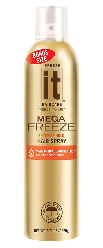 It Haircare Mega Freeze Extreme Hold Hair Spray | 7.75 Oz. | Vitamin B5 & Hydrolyzed Wheat Protein | Humidity Resistant | Optical Brighteners For Enhanced Shine | 24 Hour Hold Fast-Dry | Bonus 4 Pack