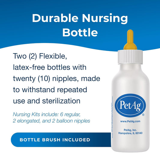 Pet-Ag Nursing Kit - 2 Oz, Pack Of 2 - Promotes The Natural Feeding Of Liquids To Baby Animals - Each Kit Includes 2 Oz. Bottle With Cap, 5 Nipples & Cleaning Brush