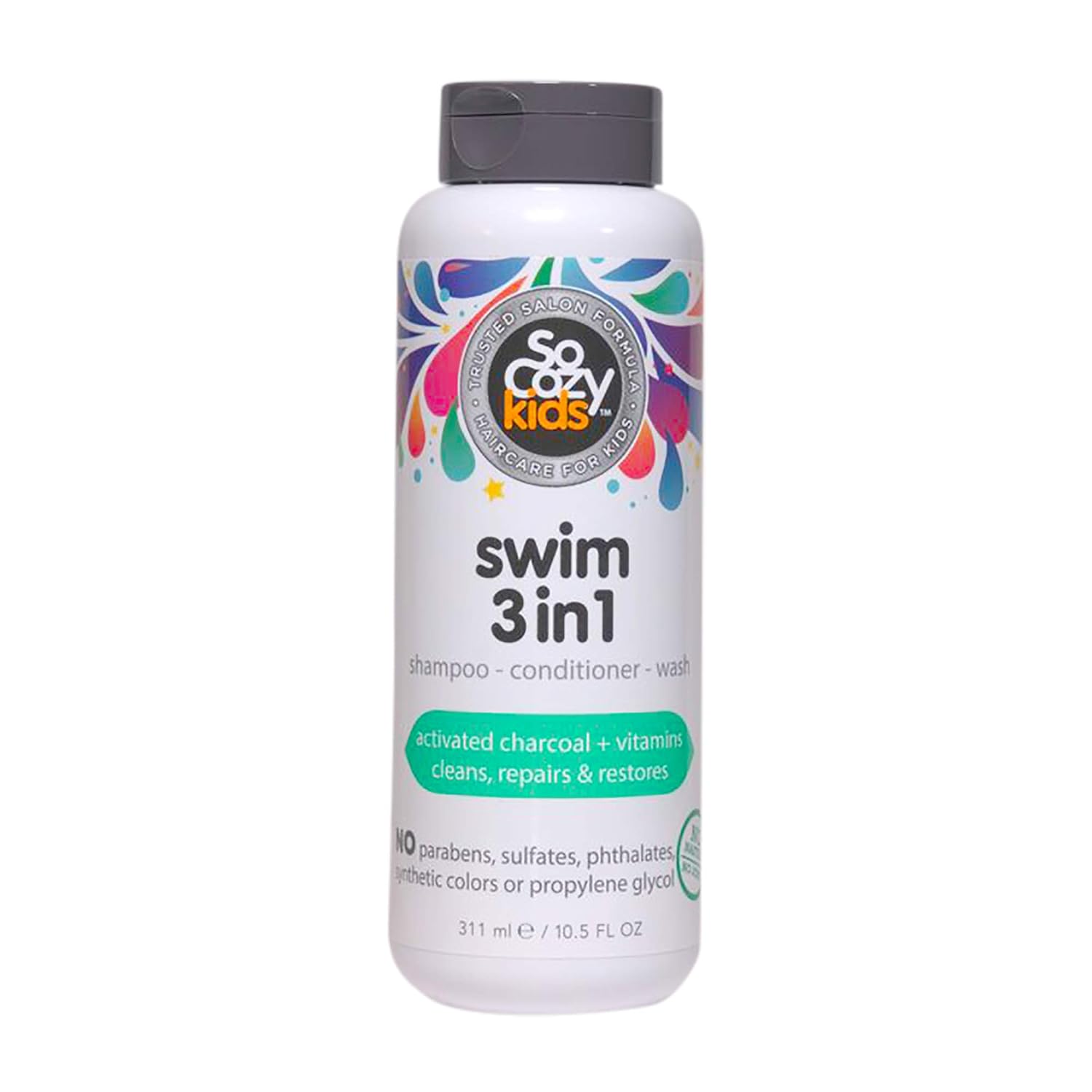 SoCozy Kids Swim 3-in-1 Shampoo, Conditioner & Body Wash - 3-in-1 Combo Pool Shampoo & Conditioner for Swimmers - Salt & Chlorine Removing Activated Charcoal
