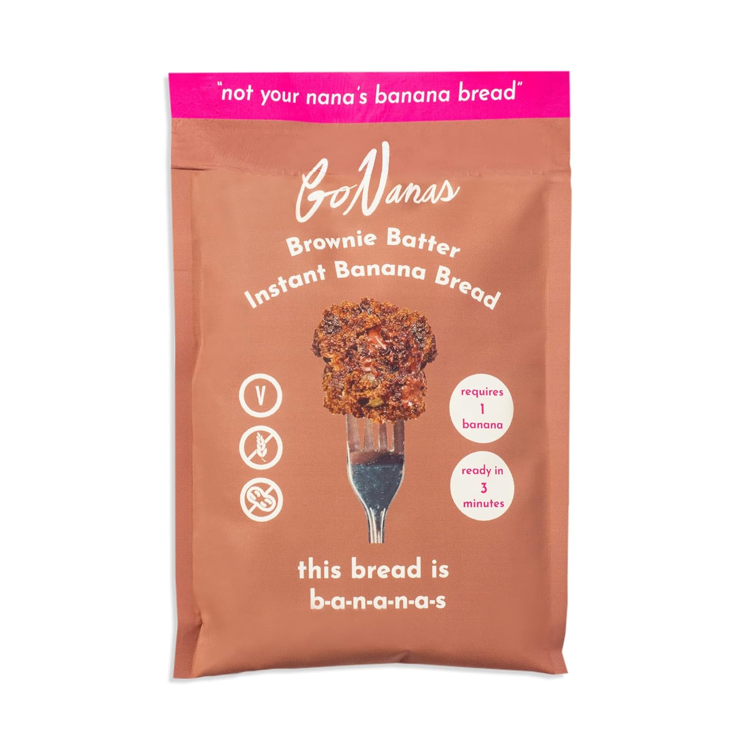 GoNanas Instant Banana Bread Packets, Brownie Flavor, Individual Portions. Vegan, Gluten Free Healthy Snacks. Oat Flour Banana Bread Mix. Women Owned, US Ingredients, Dairy Free, Nut Free (12 Pack)