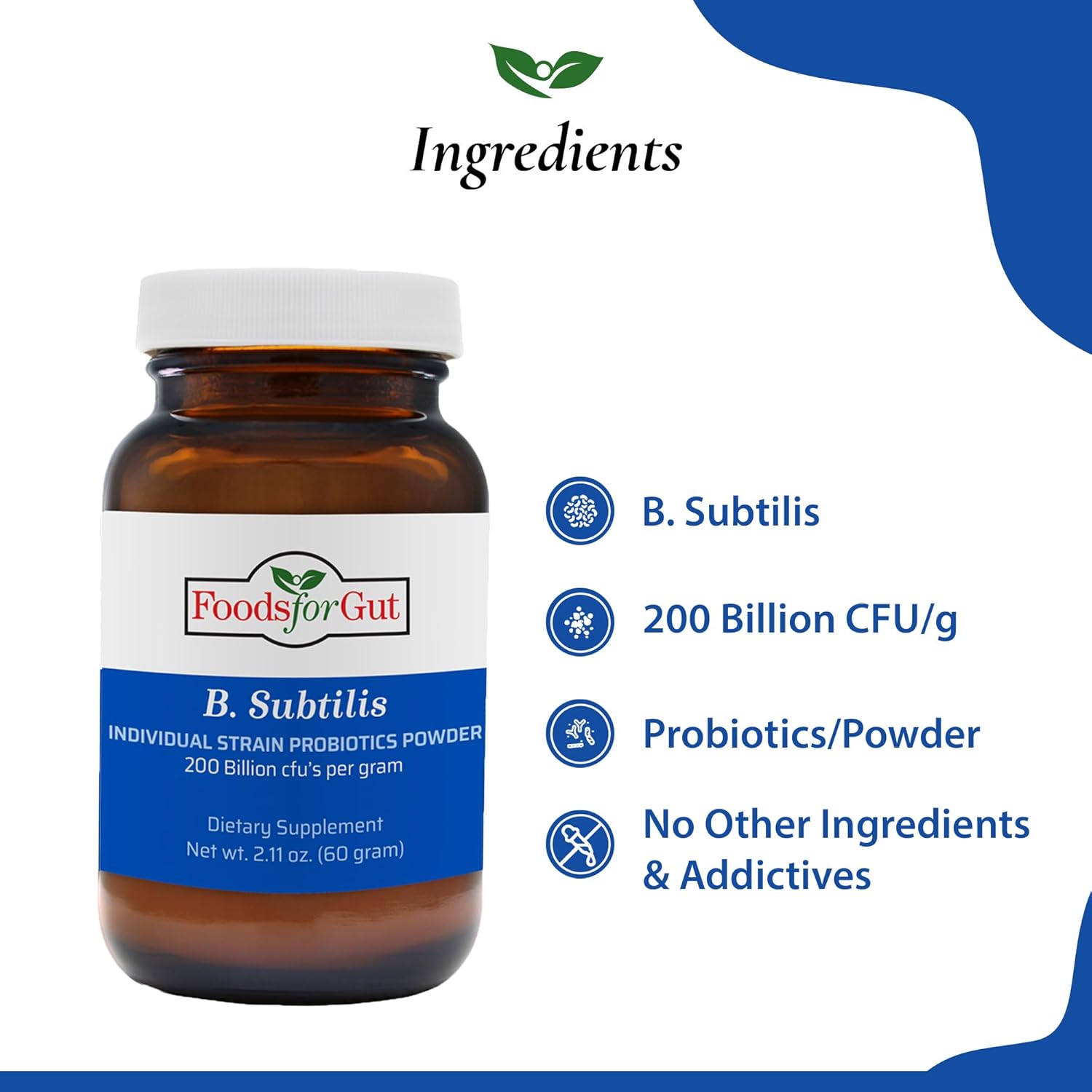 Foods For Gut Bacillus Subtilis Probiotic Powder 200 Billion Cfu'S | No Additives | Digestive & Immune Support | High Potency | B. Subtilis | 60 Gram (2.11 Oz) : Health & Household
