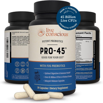 Live Conscious Pro45 Probiotics For Women & Men: Comprehensive Formula, 45 Billion Cfu, 11 Strains, Dairy Free - W/Prebiotics And Probiotics - Promotes Immune & Gut Health - 30 Veggie Caps