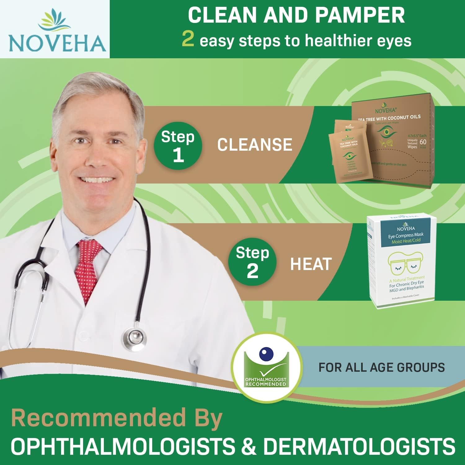 Noveha Tea Tree & Coconut Oil Eyelid & Lash Wipes | For Demodex, Blepharitis & Itchy Eyes, 2 Boxes Of 60 Individually Wrapped Eyelash Wipes With Aloe Vera, Natural Makeup Remover & Daily Eye Cleanser