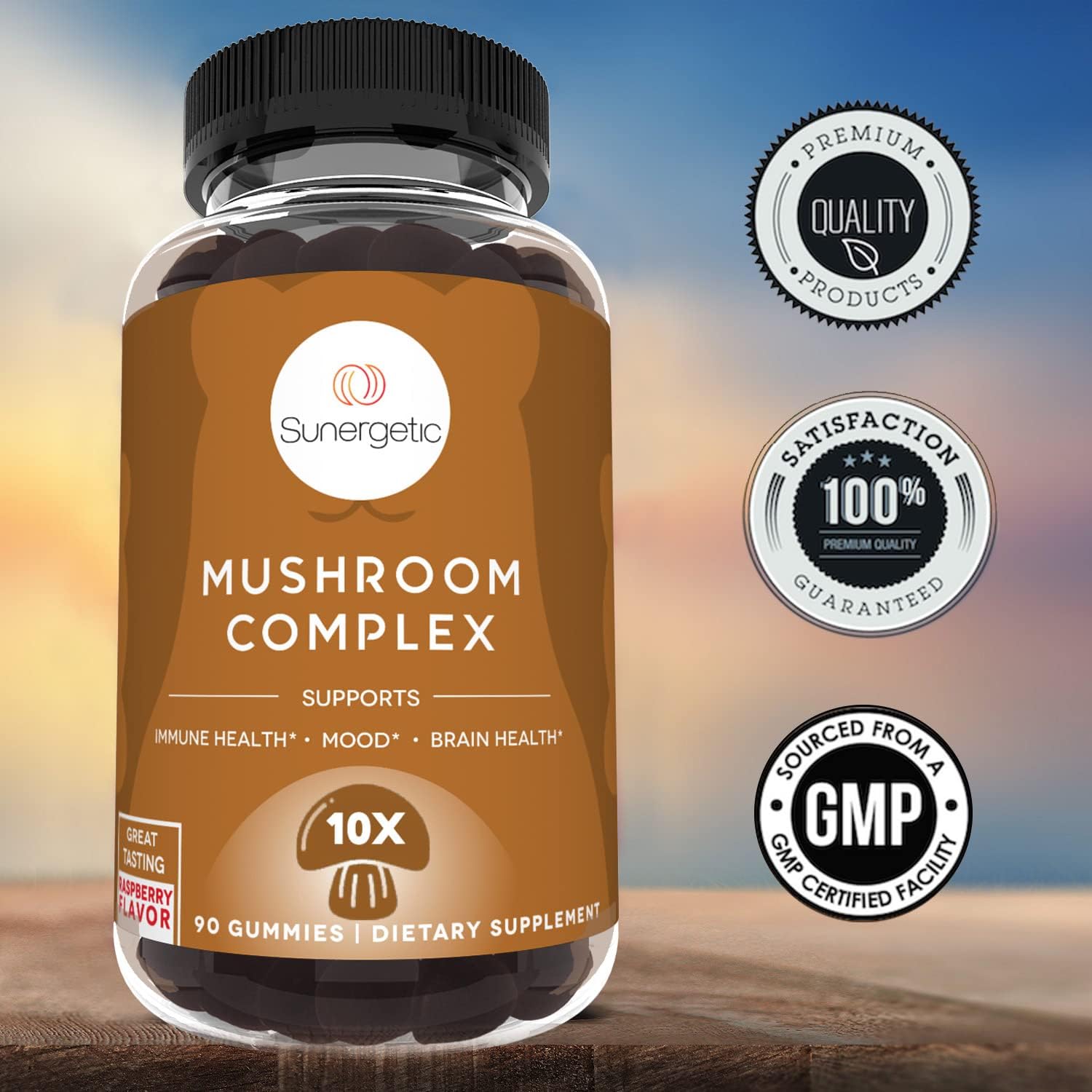 Sunergetic Premium Mushroom Gummies Supplement - For Immune Health, Brain, Mood & Stress Support - Mushroom Blend With Lions Mane, Chaga Extract, Reishi, Turkey Tail, Cordyceps (90 Gummies)