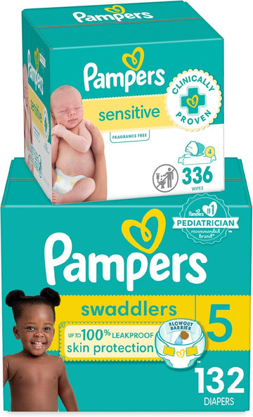 Pampers Swaddlers Disposable Baby Diapers Size 5, One Month Supply (132 Count) With Sensitive Water Based Baby Wipes 4X Pop-Top Packs (336 Count)