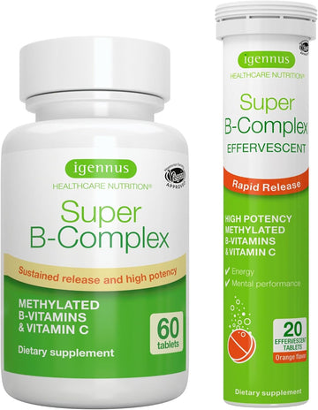 Super B-Complex & Effervescent Bundle, 60 Sustained-Release Tablets & 20 Orange Flavor Effervescent Tablets For Fast Energy On The Go, By Igennus