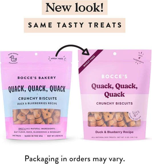 Bocce'S Bakery Oven Baked Quack, Quack Treats For Dogs, Everyday Wheat-Free Dog Treats, Made With Real Ingredients, In The Usa, All-Natural Duck & Blueberry Biscuits, 5 Oz