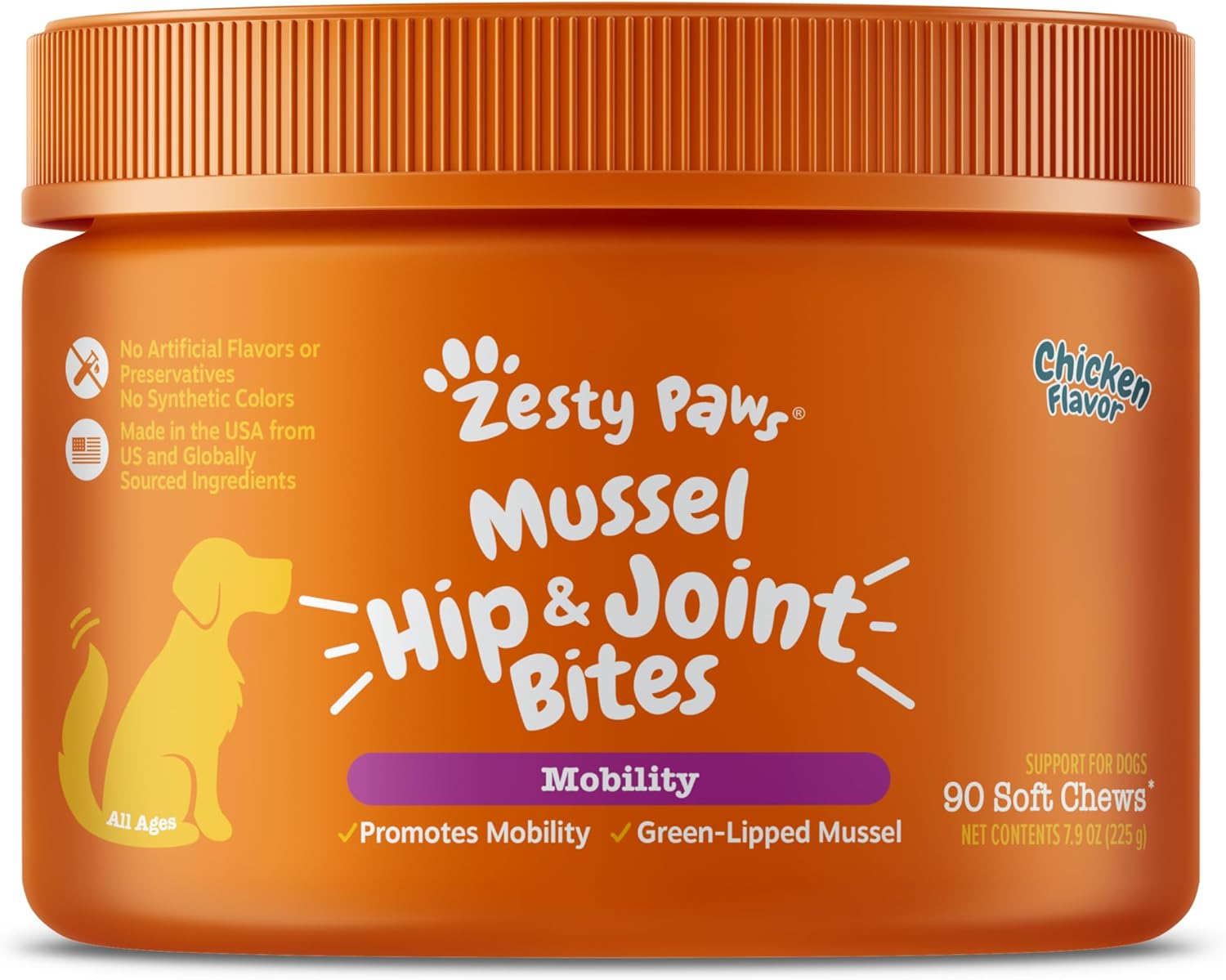 Zesty Paws Mussel Mobility Bites For Dogs - New Zealand Green Lipped Mussel With Natural Glucosamine & Chondroitin + Omega-3 Fatty Acids - Hip & Joint Support Supplement Soft Chews – 90 Count