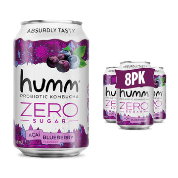Humm Probiotic Kombucha Zero Sugar Blueberry Acai, No Refrigeration Needed, Keto Friendly, Organic, Vegan, Gluten Free, 12Oz Cans (8 Pack)